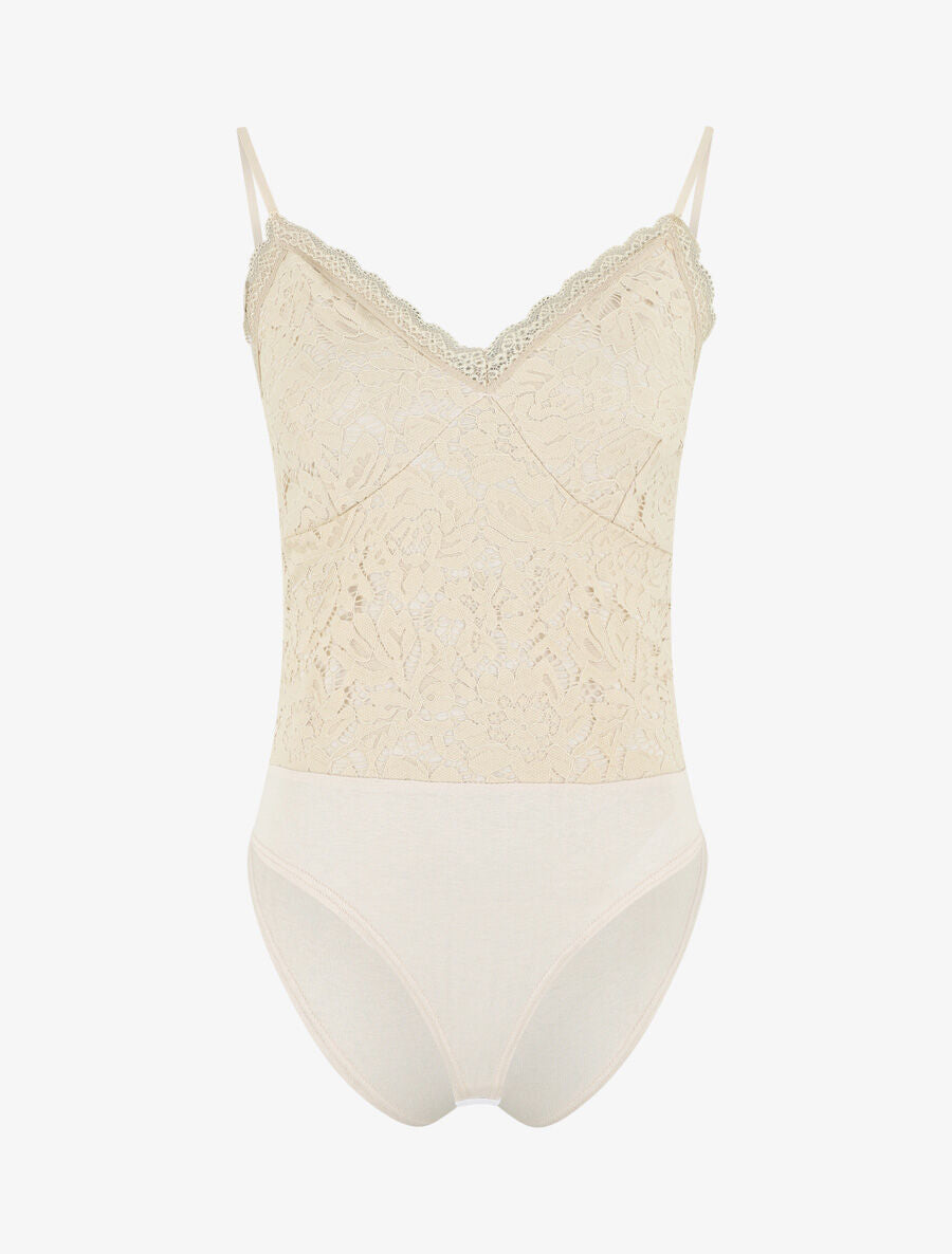 Body en dentelle à fines bretelles - Beige - 1