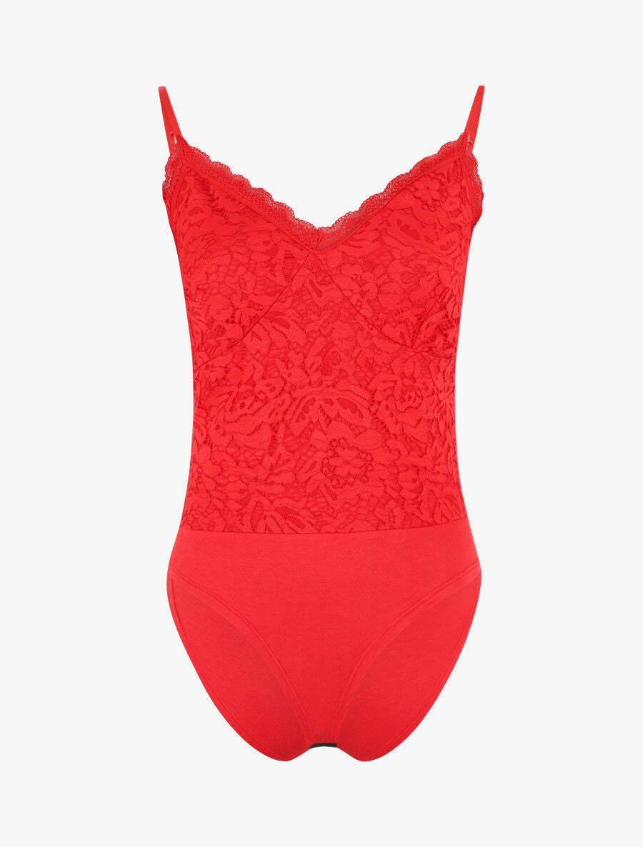 Body en dentelle à fines bretelles - Rouge - 1