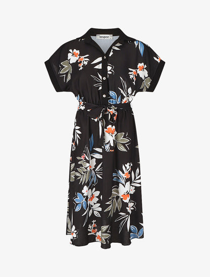 Robe chemise motif fleuri manches courtes - Noir - 4