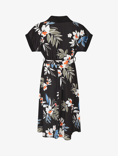 Robe chemise motif fleuri manches courtes - Noir - 2