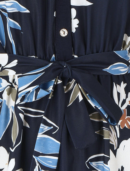 Robe chemise motif fleuri manches courtes - Marine - 3