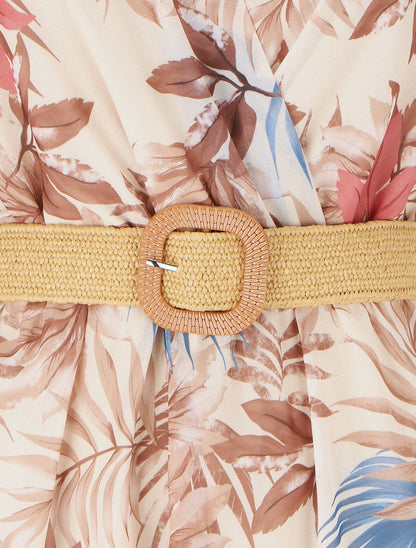 Robe élastiquée à imprimé feuillage - Marron - 3