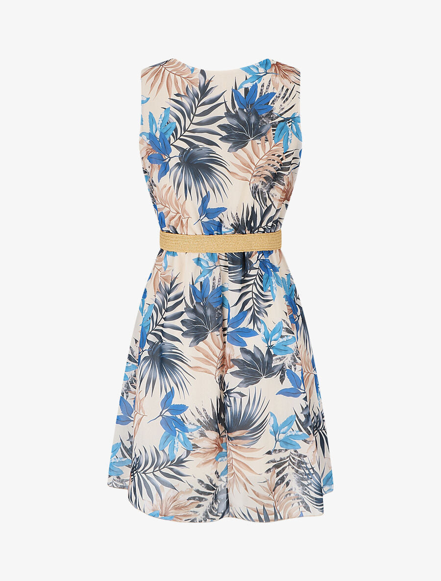 Robe élastiquée à imprimé feuillage - Bleu - 2