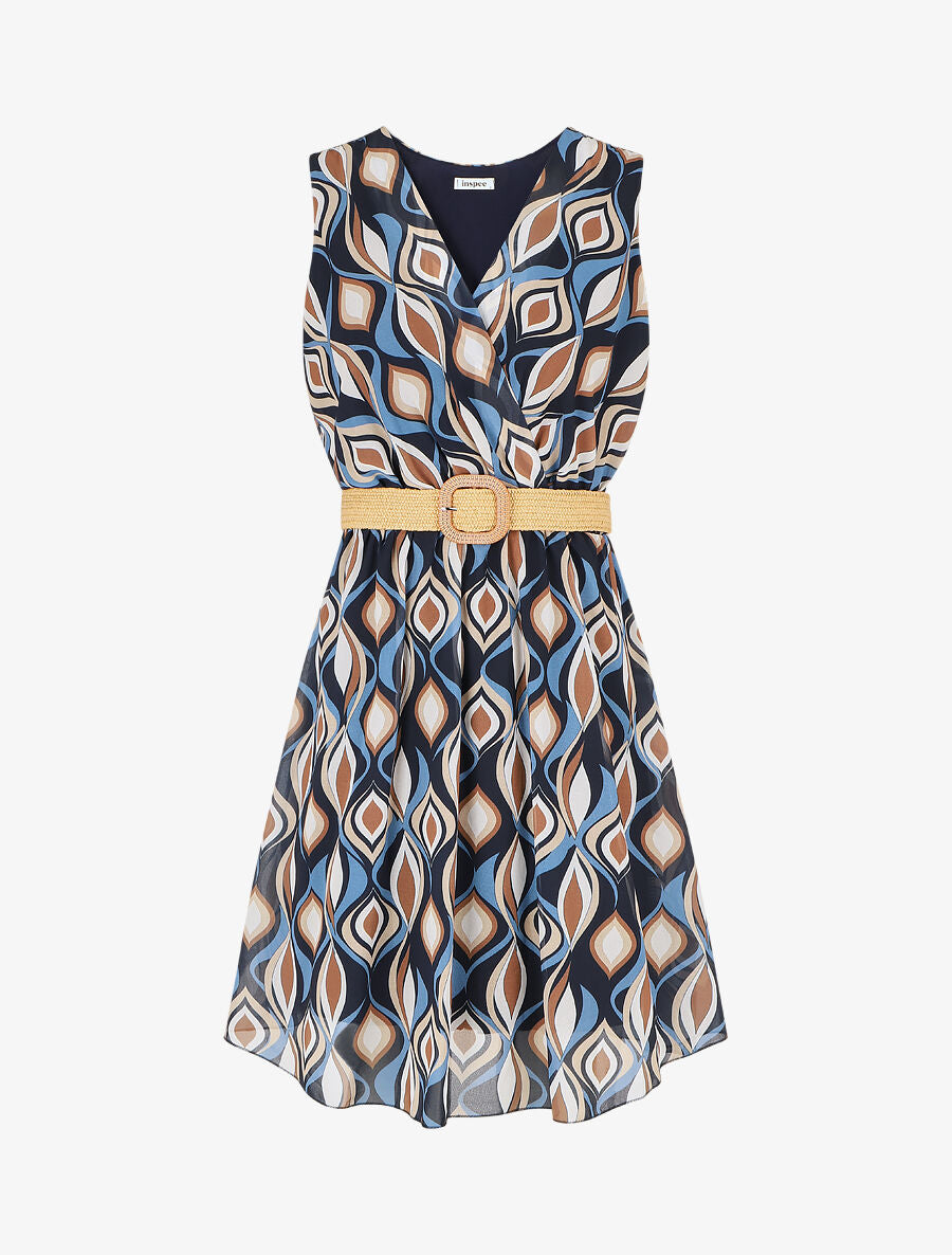 Robe élastiquée à imprimé graphique - Marine - 1