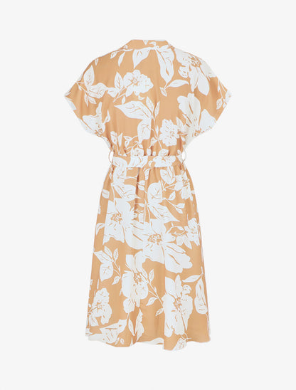 Robe longue élastiquée imprimé feuilles - Camel - 2