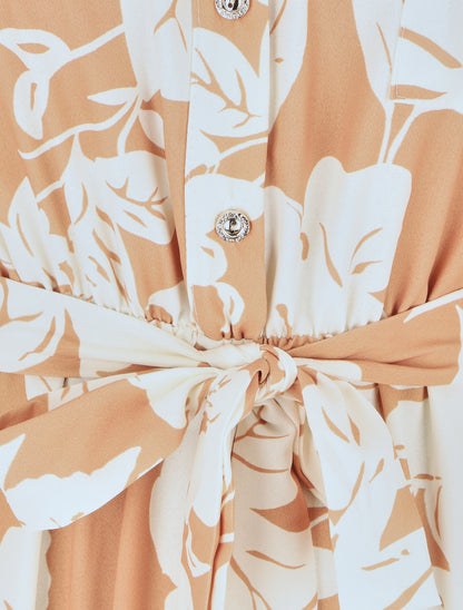 Robe longue élastiquée imprimé feuilles - Camel - 3