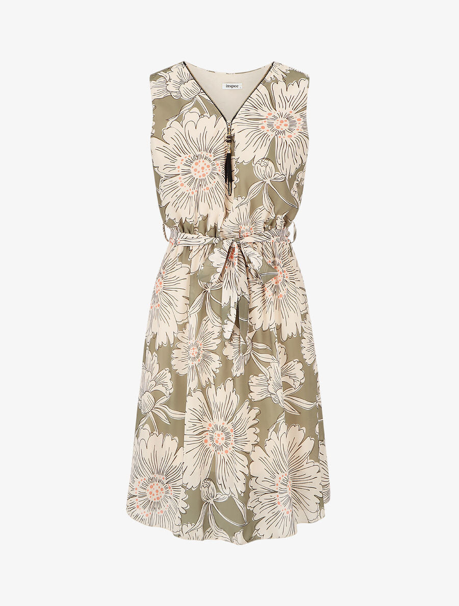 Robe mi-longue imprimé fleuri - Kaki - 1