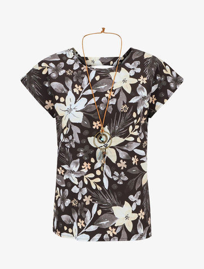 Top manches courtes dos torsadé imprimé fleuri - Noir - 4