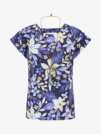 Top manches courtes dos torsadé imprimé fleuri - Marine - 1