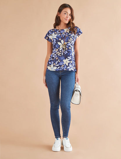 Top manches courtes dos torsadé imprimé fleuri - Marine - 4