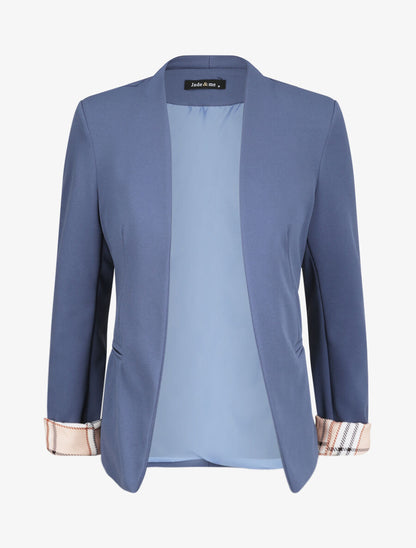 Blazer slim uni à revers imprimé carreaux - Bleu - 4
