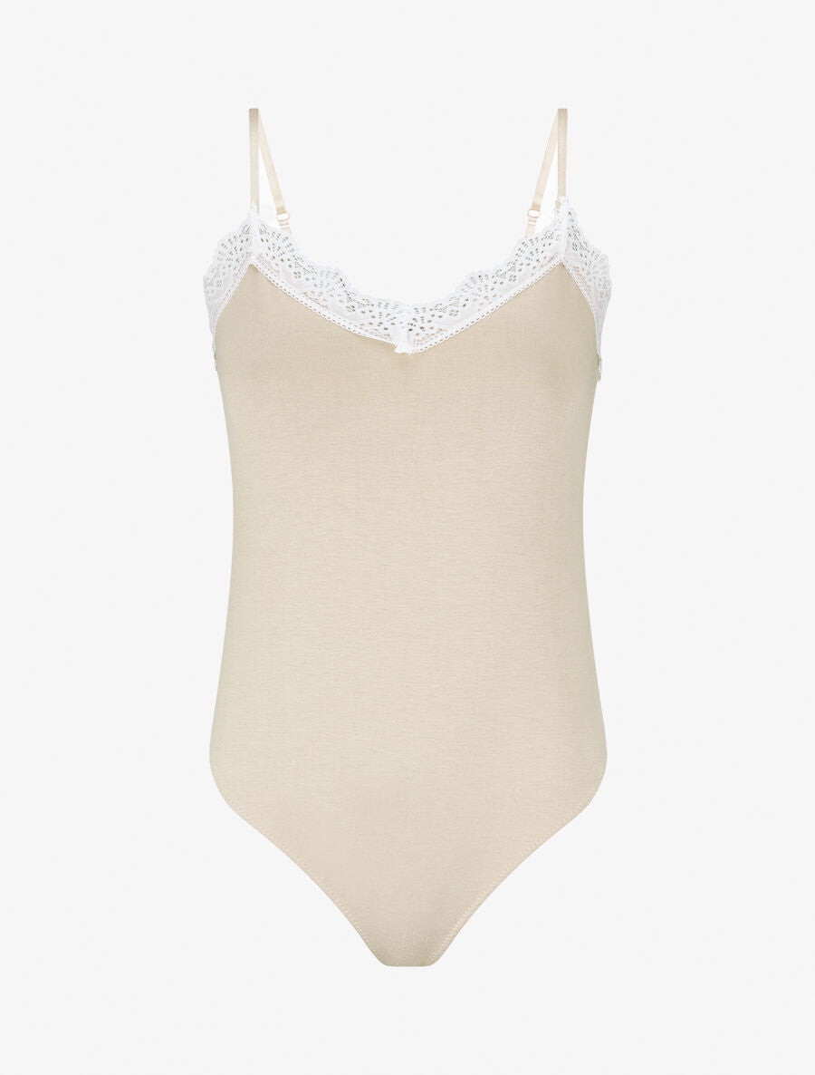 Body uni à bretelles et col V dentelle - Beige - 1