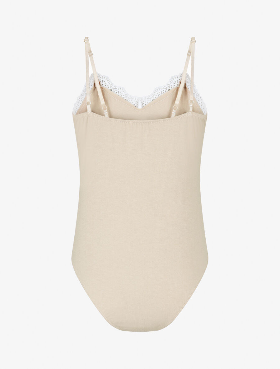 Body uni à bretelles et col V dentelle - Beige - 2