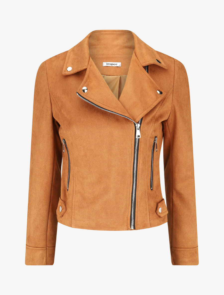 Veste en suédine à zips décoratifs et fermeture zippée - Camel foncé - 1