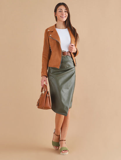 Veste en suédine à zips décoratifs et fermeture zippée - Camel foncé - 4