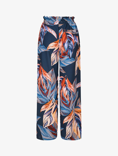 Pantalon ample taille haute imprimé feuilles - Marine - 2