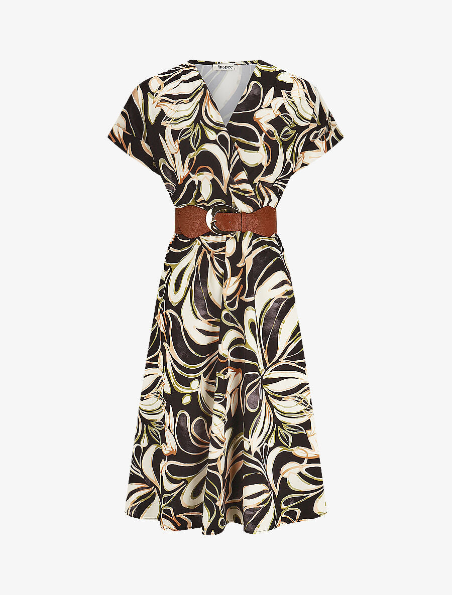 Robe longue évasée imprimé fleurs abstraites - Noir - 1