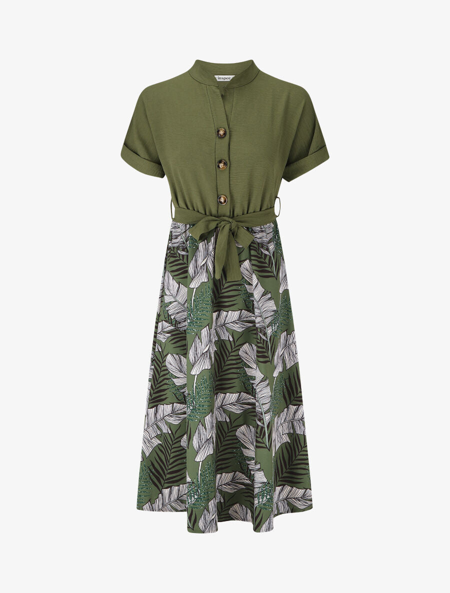 Robe midi manches courtes motif tropical - Kaki - 5