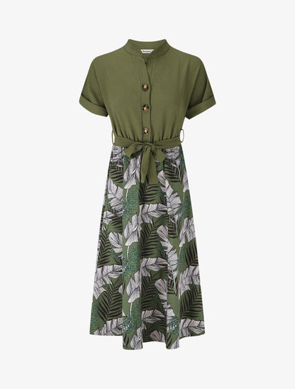 Robe midi manches courtes motif tropical - Kaki - 5