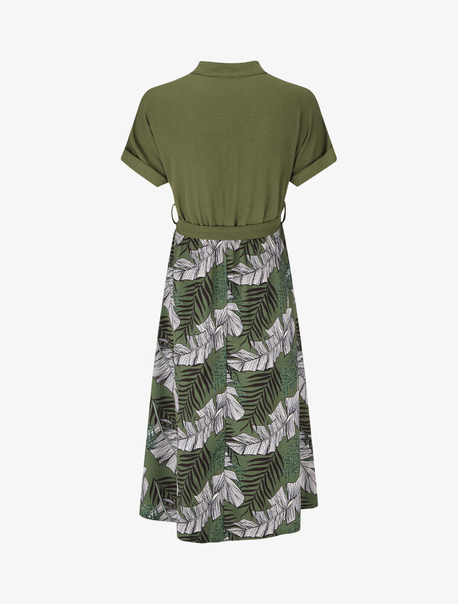 Robe midi manches courtes motif tropical - Kaki - 2
