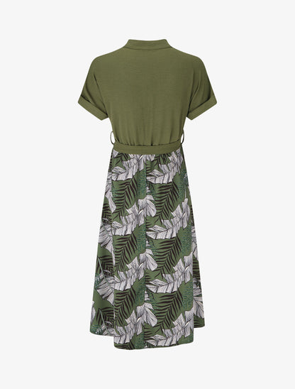 Robe midi manches courtes motif tropical - Kaki - 2