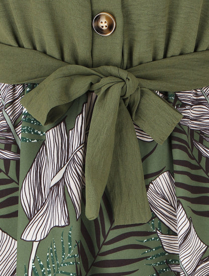 Robe midi manches courtes motif tropical - Kaki - 3