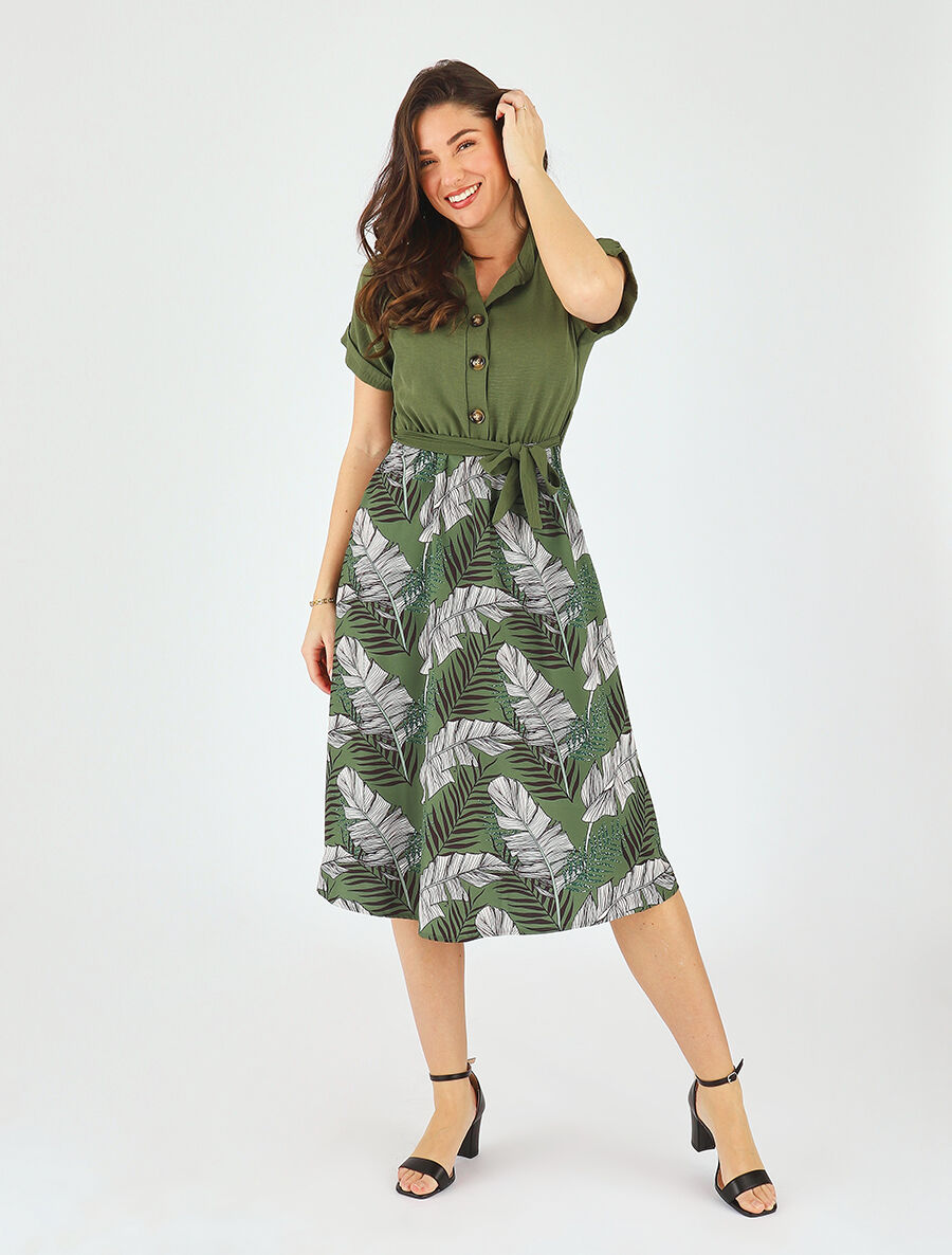 Robe midi manches courtes motif tropical - Kaki - 4