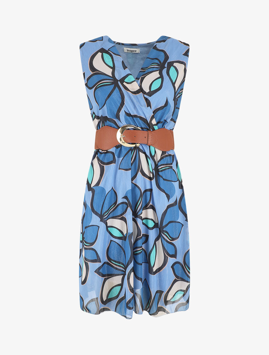 Robe élastiquée sans manches imprimé fleuri irisé - Bleu - 1