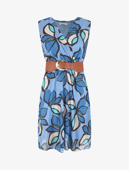 Robe élastiquée sans manches imprimé fleuri irisé - Bleu - 1