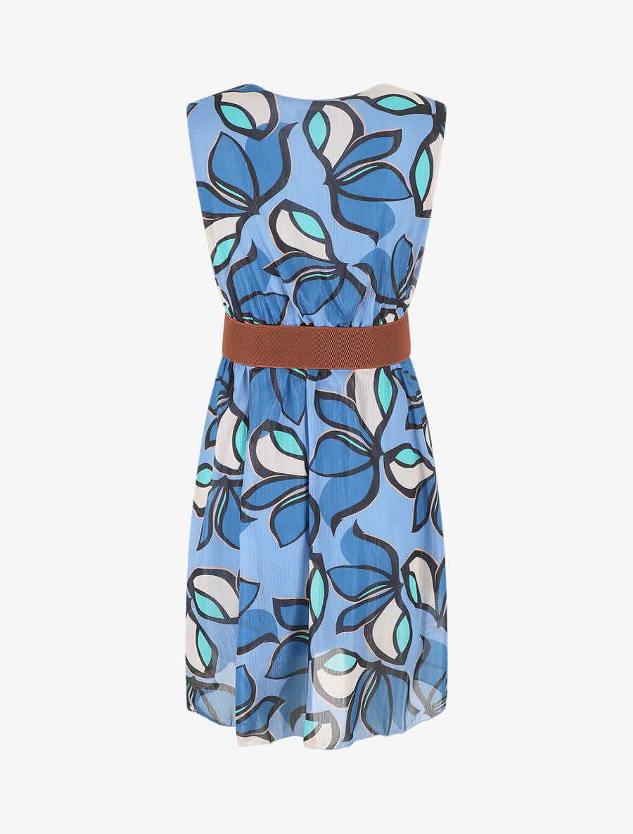 Robe élastiquée sans manches imprimé fleuri irisé - Bleu - 2