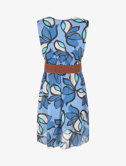 Robe élastiquée sans manches imprimé fleuri irisé - Bleu - 2