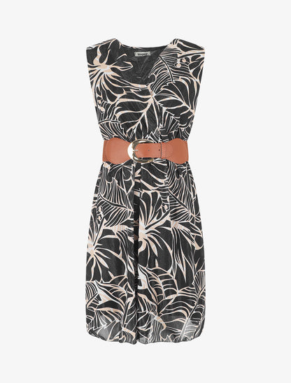 Robe élastiquée sans manches imprimé feuillage irisé - Noir - 1