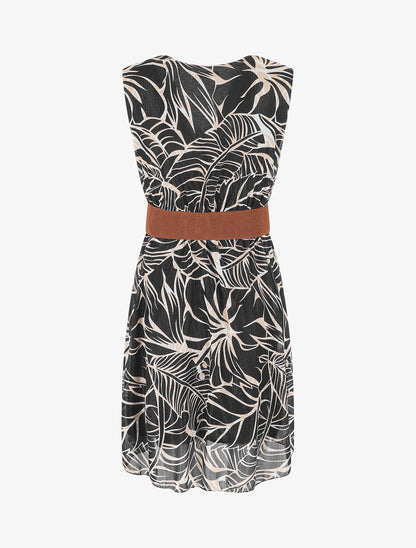 Robe élastiquée sans manches imprimé feuillage irisé - Noir - 2