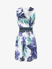 Robe mi-longue sans manches irisée motif tropical - Bleu - 1