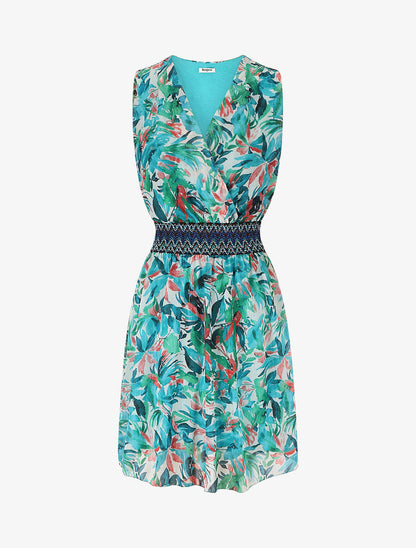 Robe mi-longue sans manches irisée motif végétal - Turquoise - 4