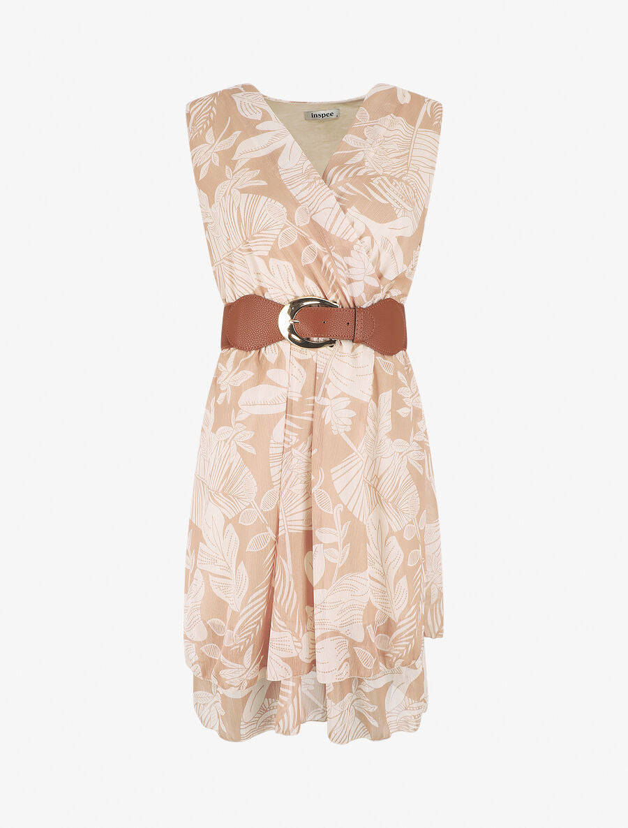 Robe élastiquée sans manches imprimé feuilles - Camel - 1