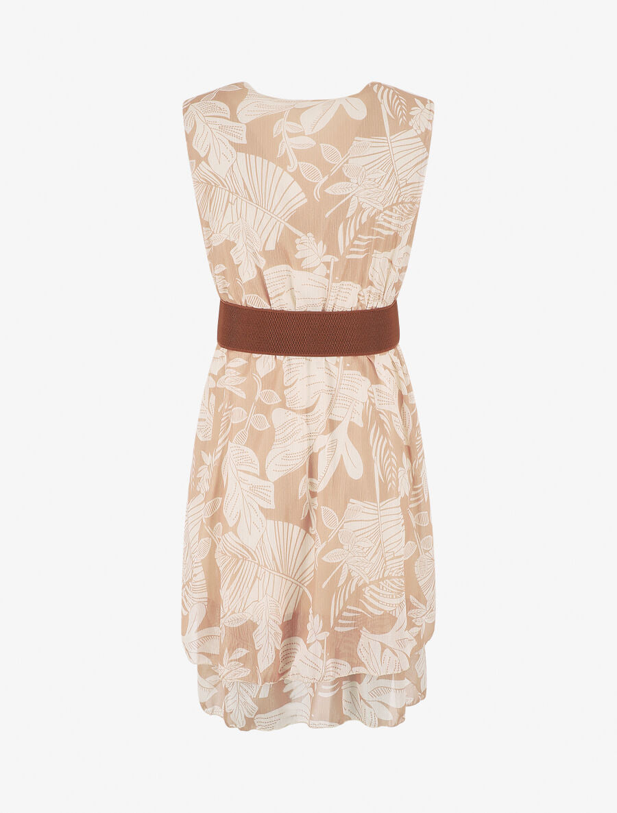 Robe élastiquée sans manches imprimé feuilles - Camel - 2