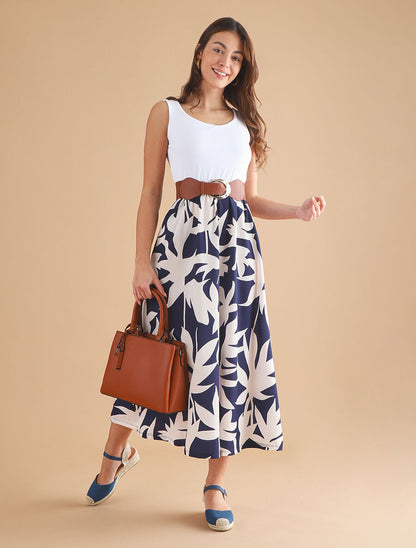 Robe longue à jupe imprimé feuillage - Marine - 5