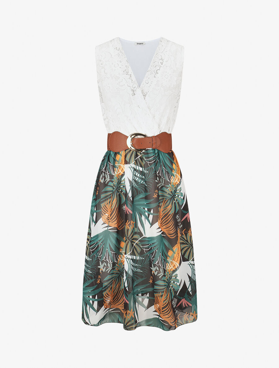 Robe élastiquée à jupe imprimé feuillage - Noir - 6