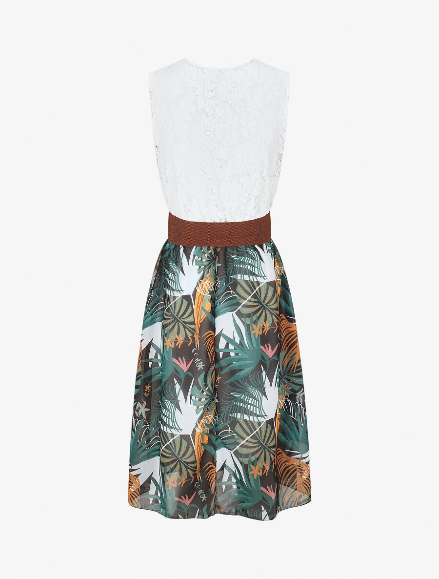 Robe élastiquée à jupe imprimé feuillage - Noir - 2