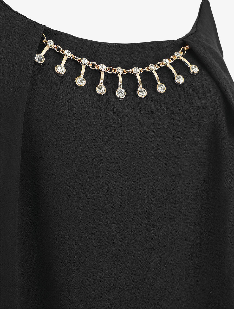 Top uni en voile à bretelles et bijou - Noir - 3