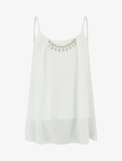 Top uni en voile à bretelles et bijou - Blanc - 4