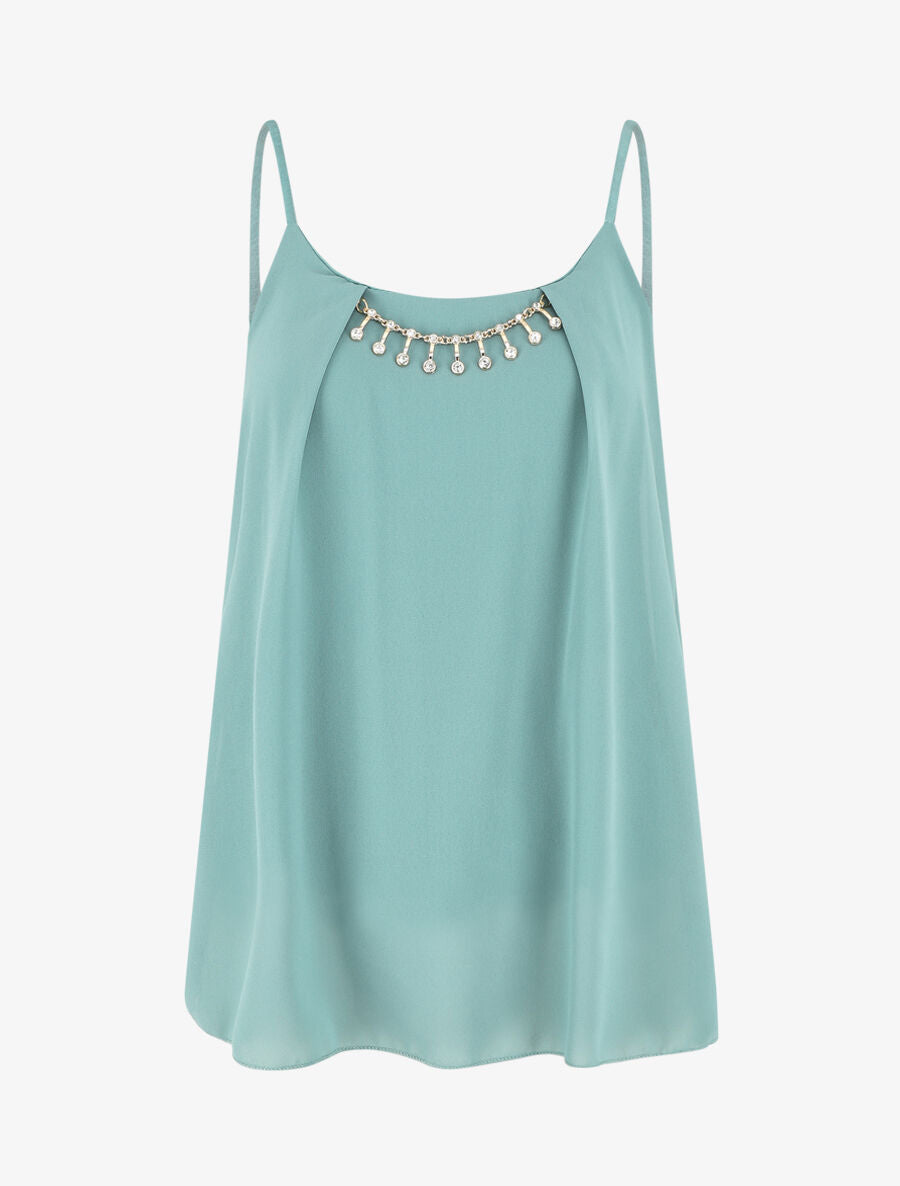 Top uni en voile à bretelles et bijou - Vert d&