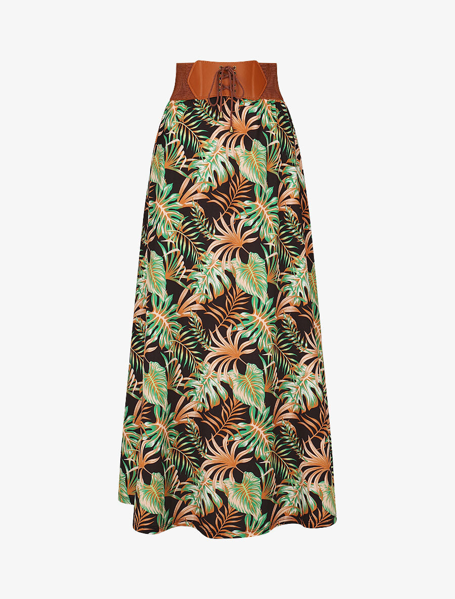 Jupe longue taille haute élastiquée imprimé tropical - Noir - 4
