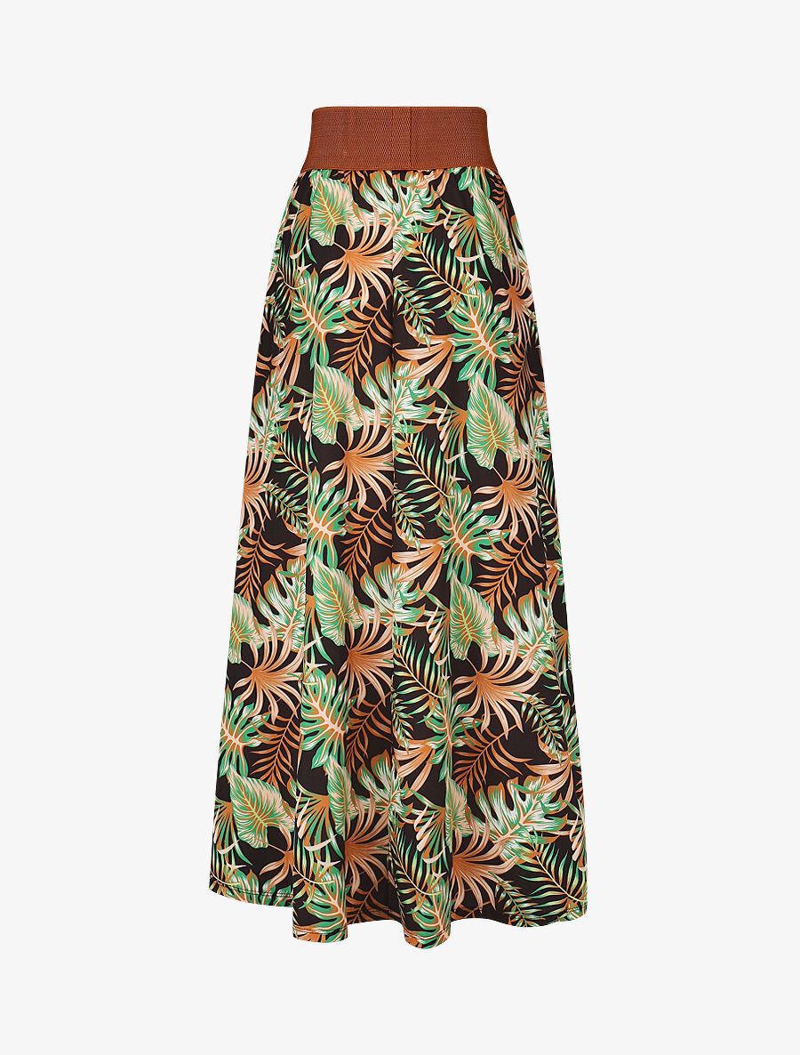Jupe longue taille haute élastiquée imprimé tropical - Noir - 2