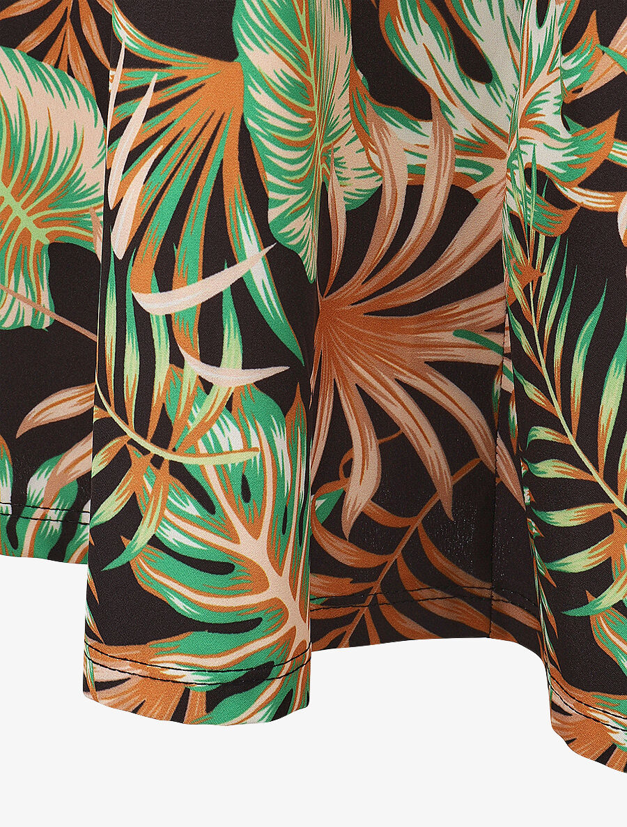 Jupe longue taille haute élastiquée imprimé tropical - Noir - 3