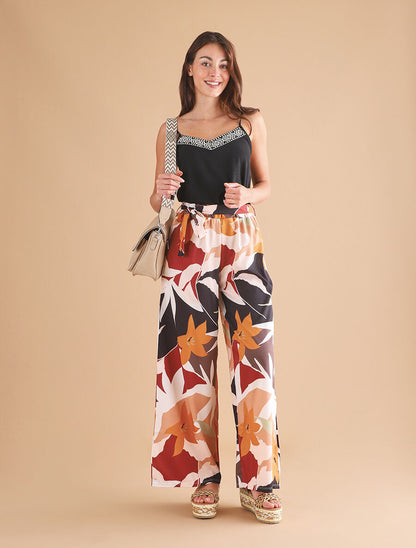 Pantalon ample imprimé grandes fleurs - Noir - 4