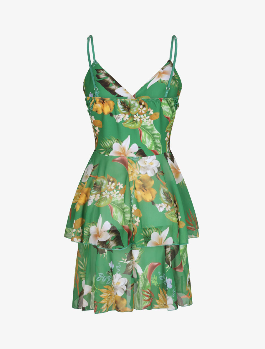 Robe patineuse courte à volants imprimé tropical - Vert - 2