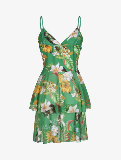 Robe patineuse courte à volants imprimé tropical - Vert - 2