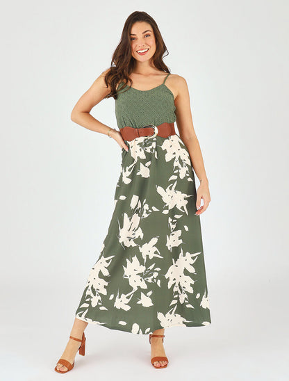 Robe longue bi-matière imprimé floral - Kaki - 4